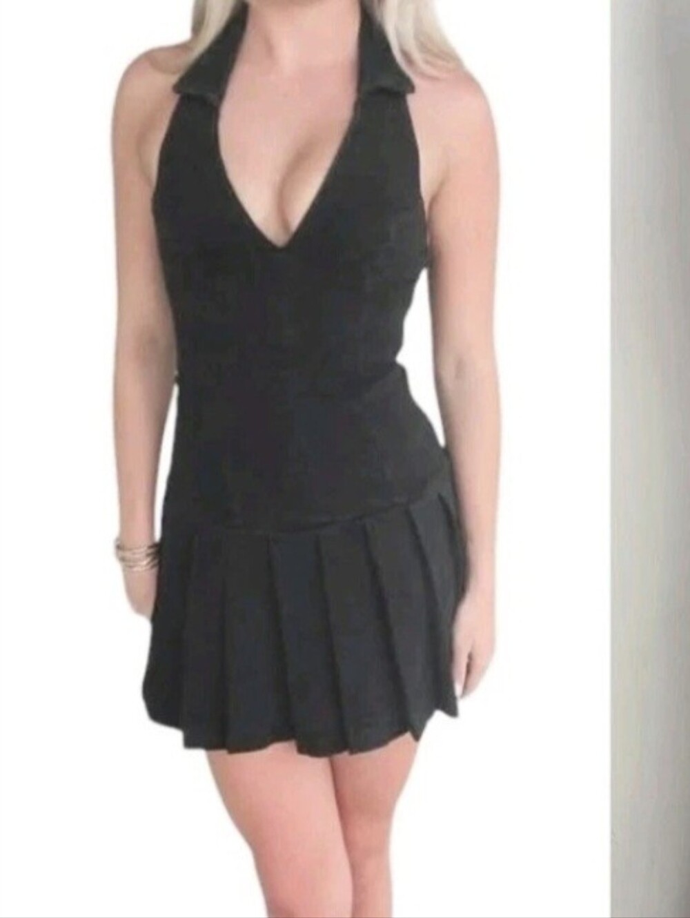 Love, Fire Black Halter Collared Pleated Stretchy Denim Dress Womens Size M